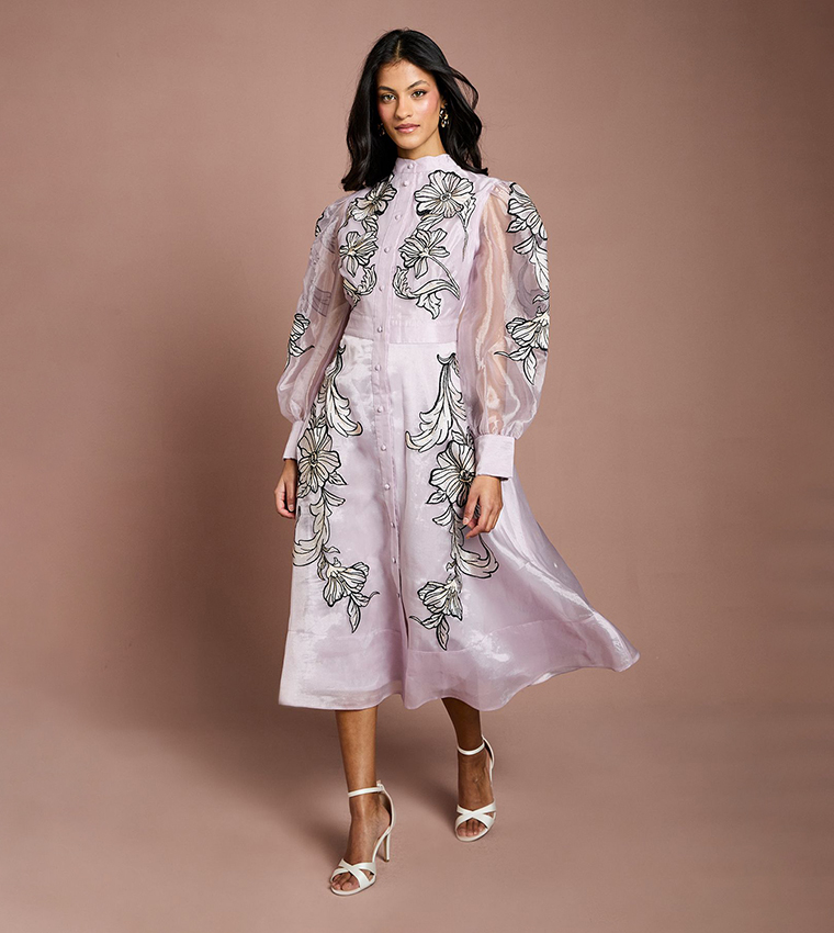 Petite Placement Embroidered Long Sleeves Midi Dress