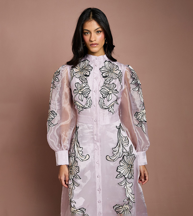 Petite Placement Embroidered Long Sleeves Midi Dress