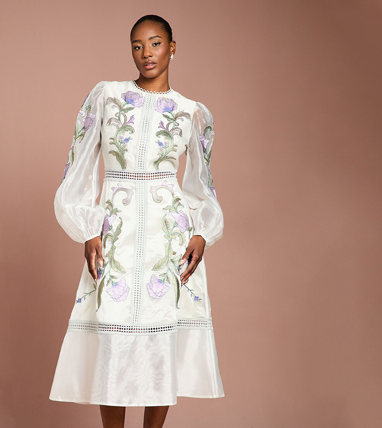 Embroidered Blouson Sleeves Midi Party Dress