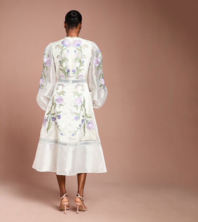 Embroidered Blouson Sleeves Midi Party Dress