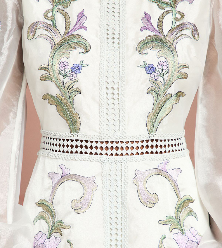 Embroidered Blouson Sleeves Midi Party Dress