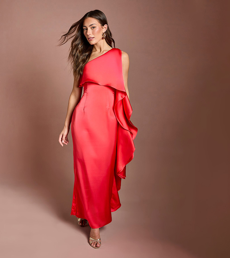 Waterfall One Shoulder Satin Maxi Dress