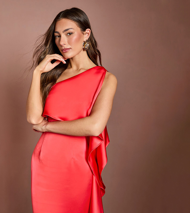 Waterfall One Shoulder Satin Maxi Dress