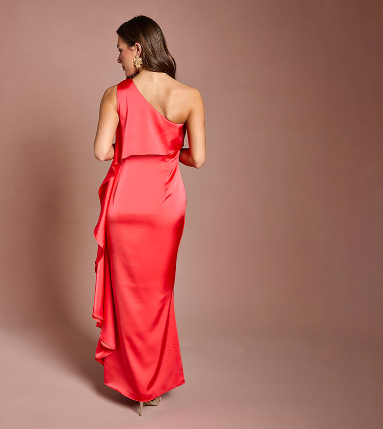 Waterfall One Shoulder Satin Maxi Dress