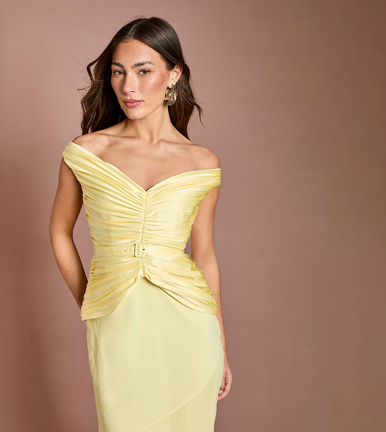 Pleated Bodice Fishtail Maxi Dress