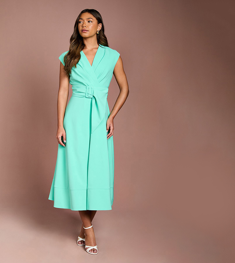V-Neck Belted Crepe Midi Dress