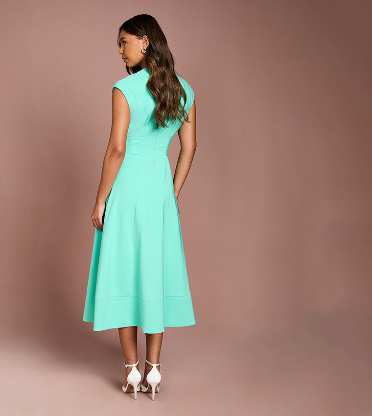 V-Neck Belted Crepe Midi Dress
