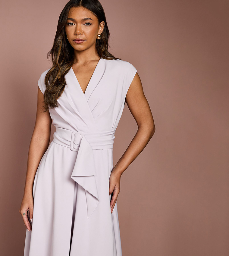 V-Neck Belted Crepe Midi Dress