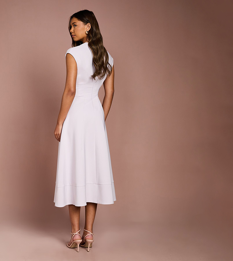 V-Neck Belted Crepe Midi Dress