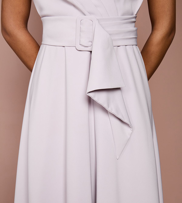 V-Neck Belted Crepe Midi Dress