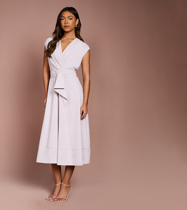 V-Neck Belted Crepe Midi Dress