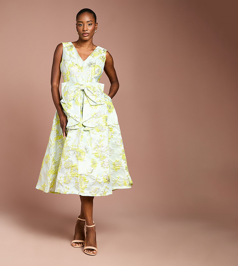 Bow Front Jacquard Midi Dress