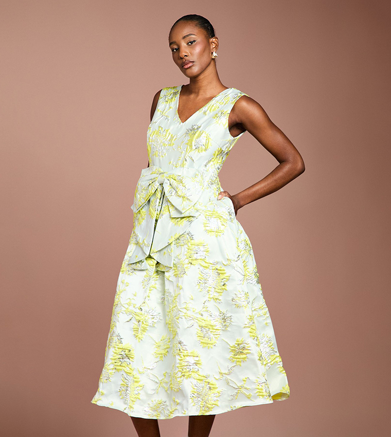 Bow Front Jacquard Midi Dress