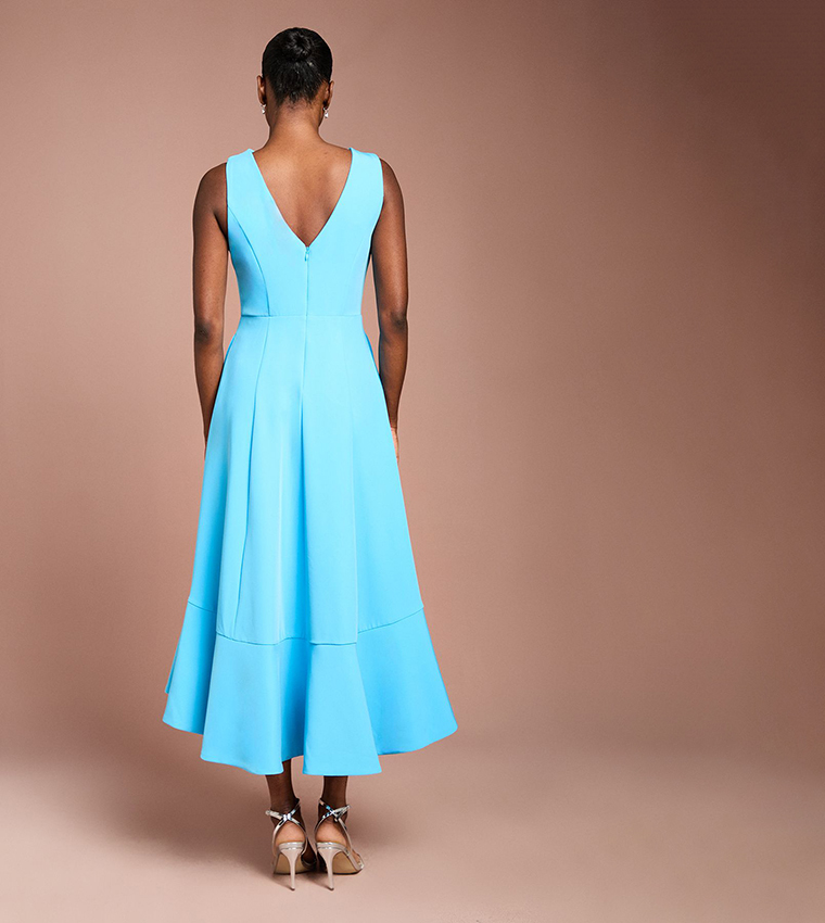 Low Back Crepe Ruffle Midi Dress