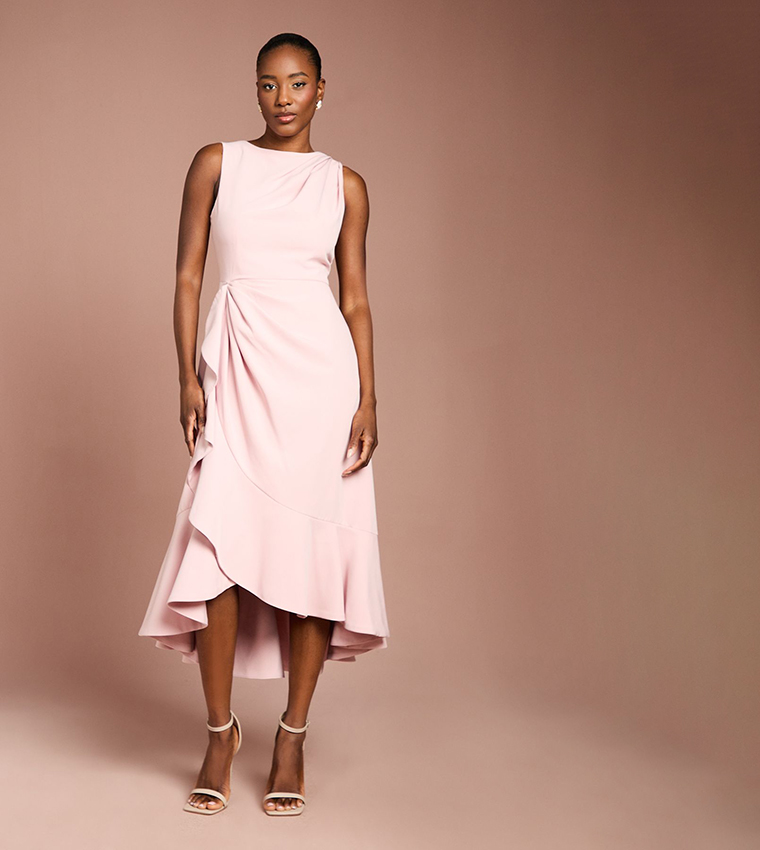 Low Back Crepe Ruffle Midi Dress