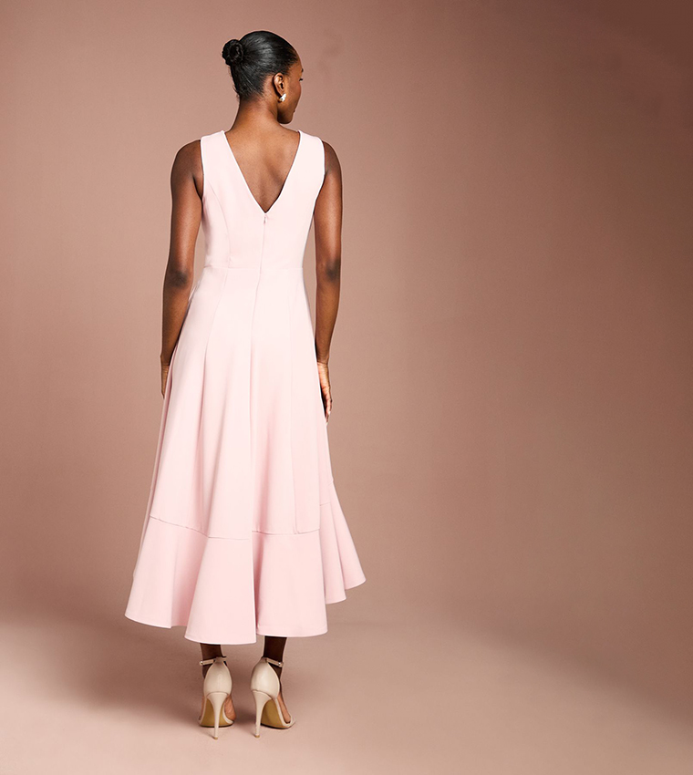 Low Back Crepe Ruffle Midi Dress