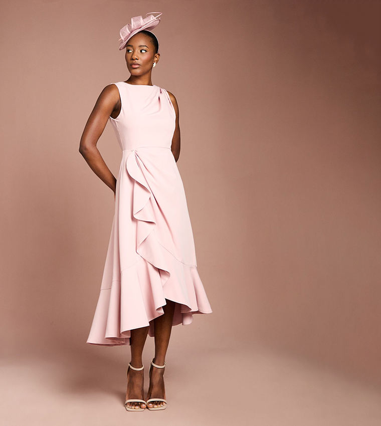 Low Back Crepe Ruffle Midi Dress