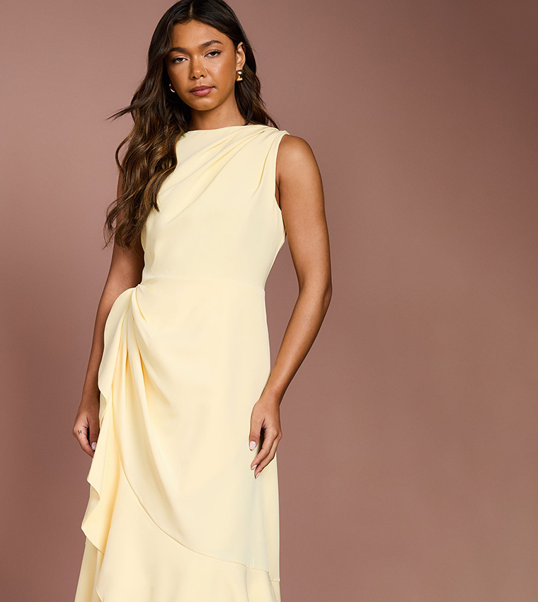 Low Back Crepe Ruffle Midi Dress