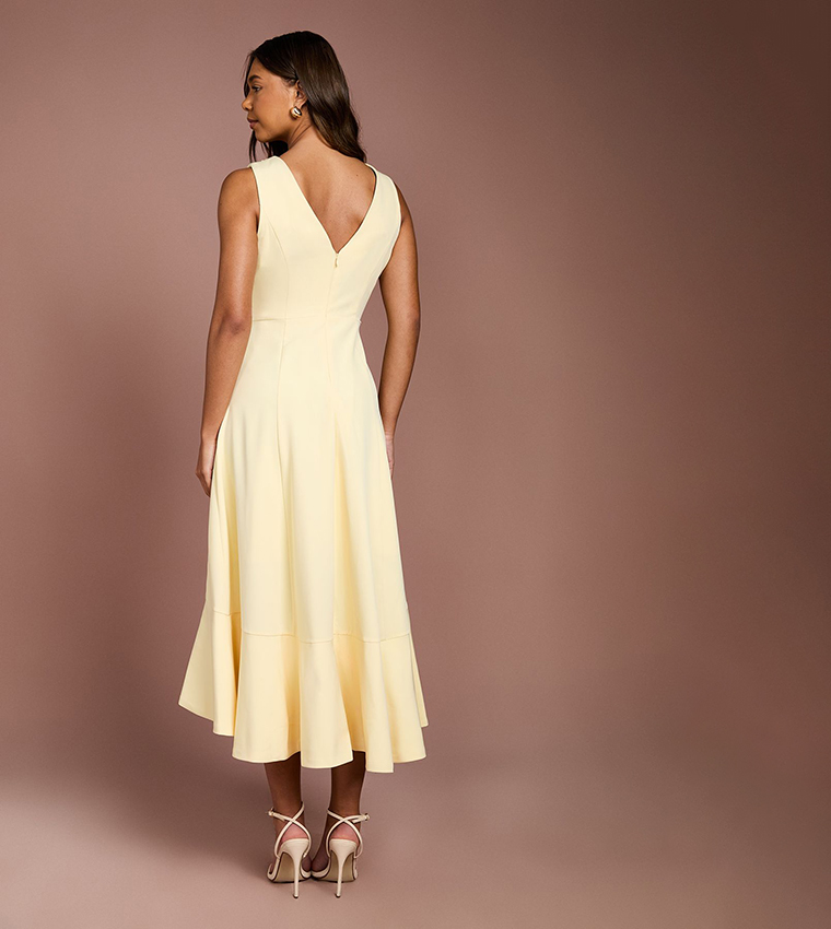 Low Back Crepe Ruffle Midi Dress