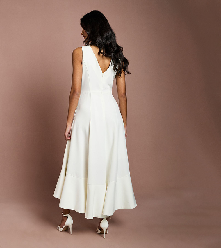 Petite Low Back Crepe Ruffle Midi Dress
