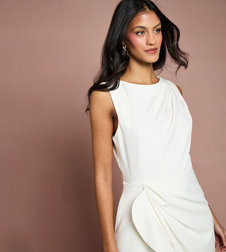 Petite Low Back Crepe Ruffle Midi Dress