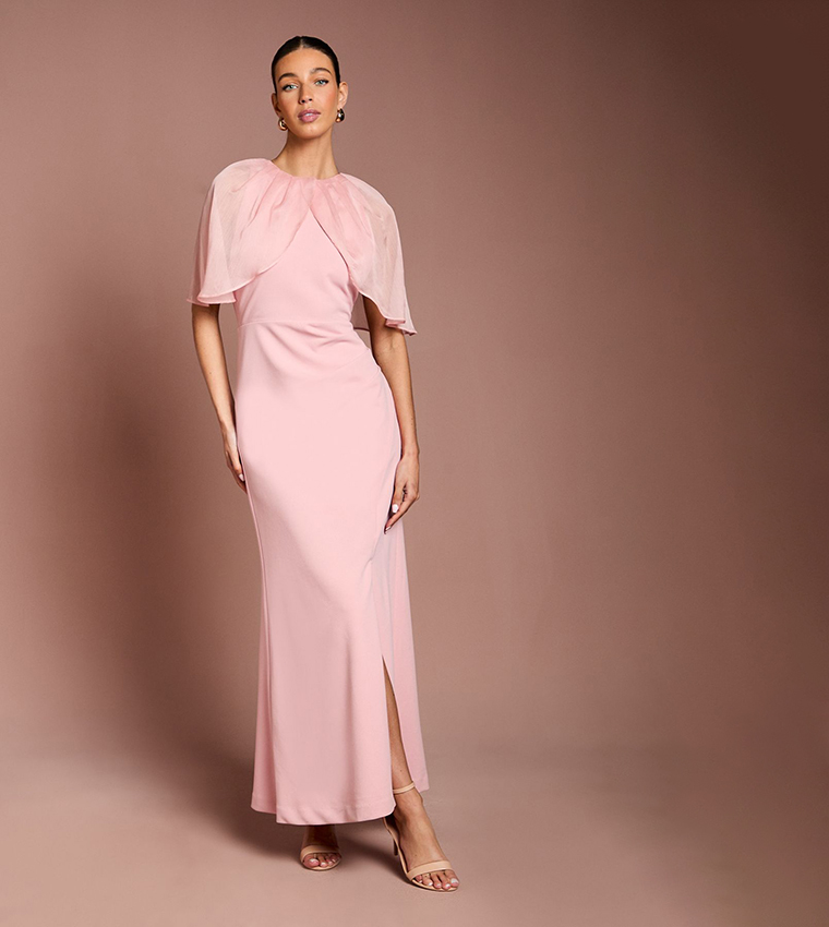Cape Sleeves Ruched Detail Maxi Dress
