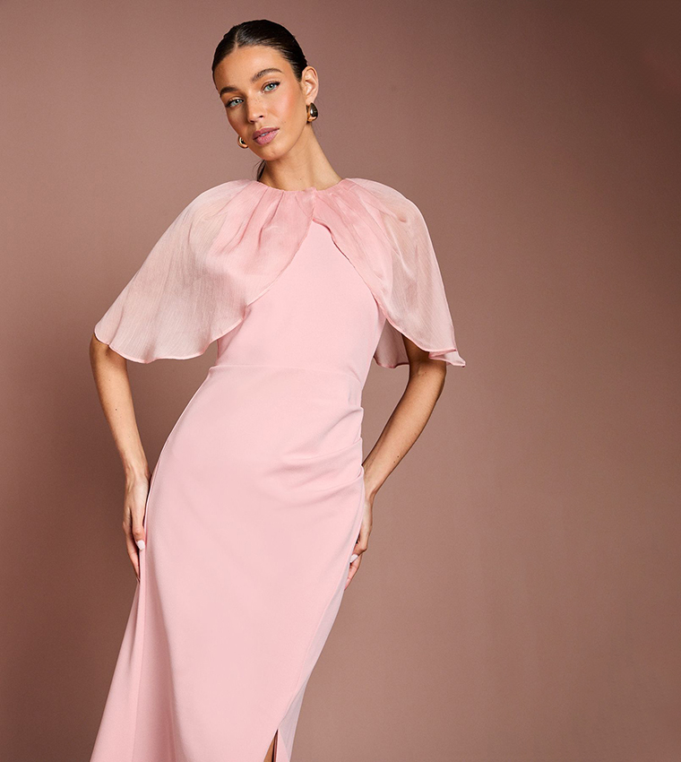 Cape Sleeves Ruched Detail Maxi Dress