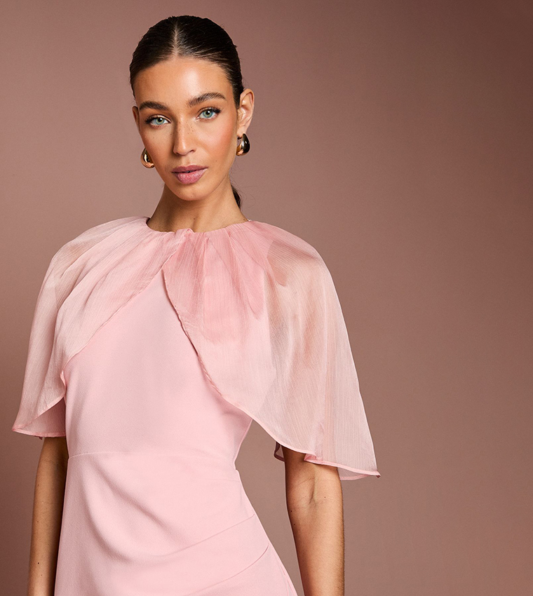 Cape Sleeves Ruched Detail Maxi Dress