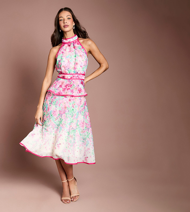 Placement Print Organza Halter Neck Midi Dress