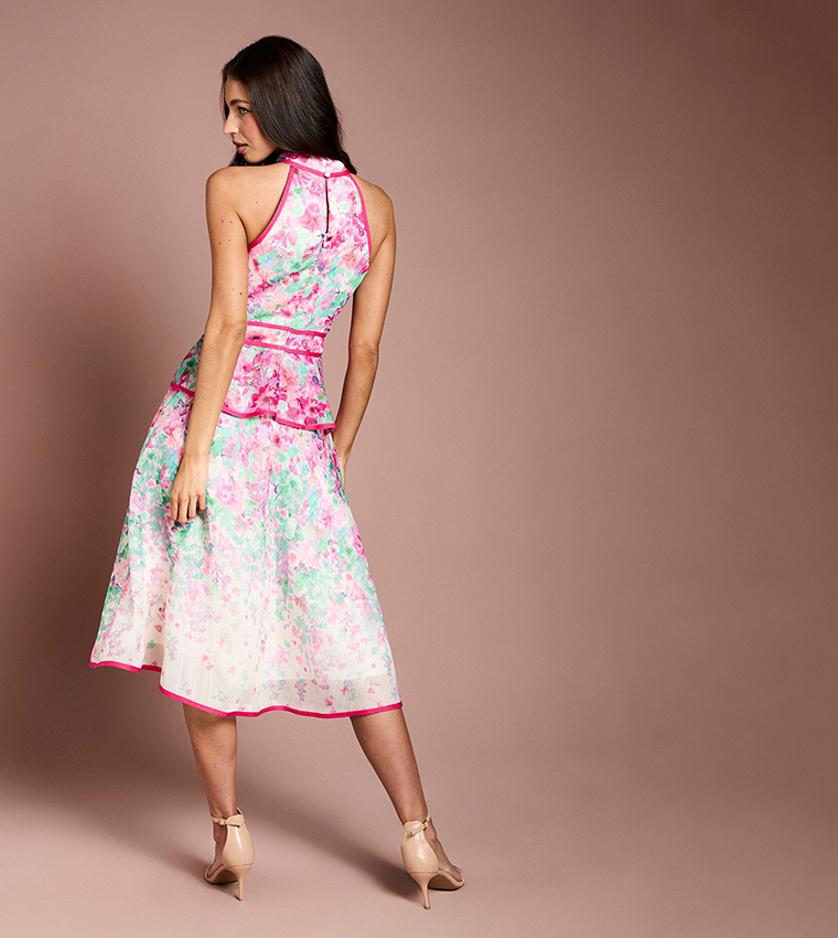 Placement Print Organza Halter Neck Midi Dress