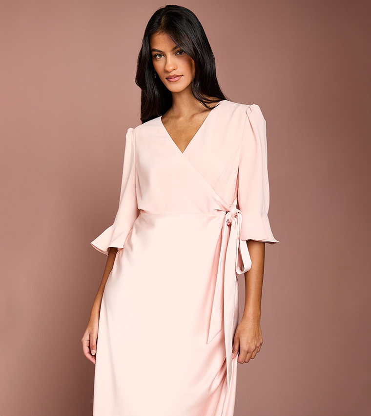 Petite Ruffle Sleeves Satin Back Crepe Wrap Dress