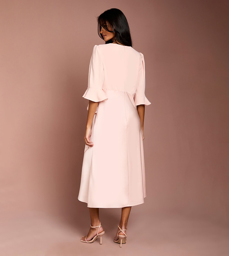 Petite Ruffle Sleeves Satin Back Crepe Wrap Dress