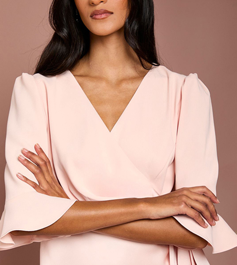 Petite Ruffle Sleeves Satin Back Crepe Wrap Dress