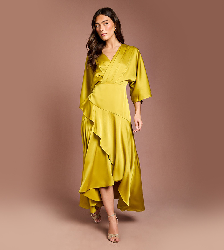 Satin Back Crepe Ruffle Wrap Midi Dress