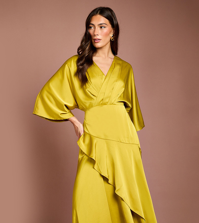 Satin Back Crepe Ruffle Wrap Midi Dress