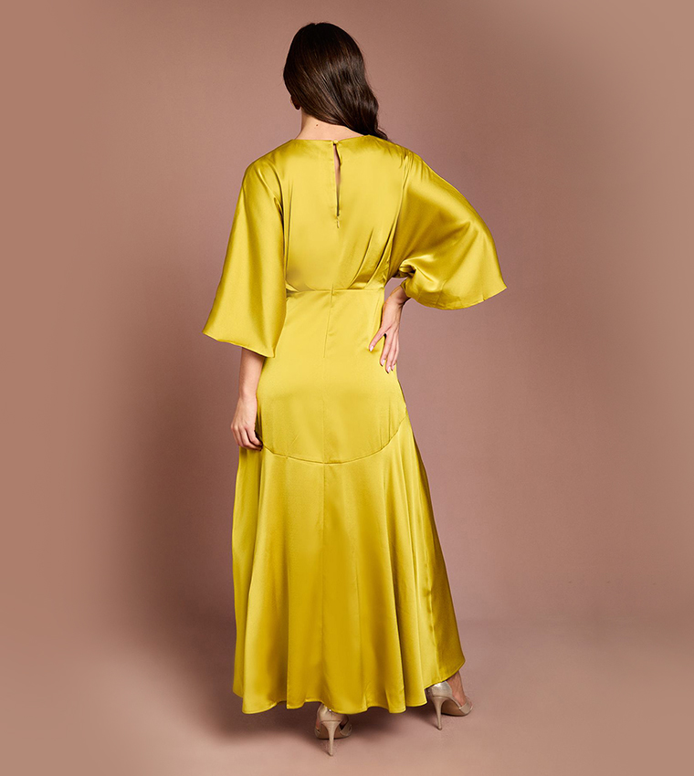 Satin Back Crepe Ruffle Wrap Midi Dress
