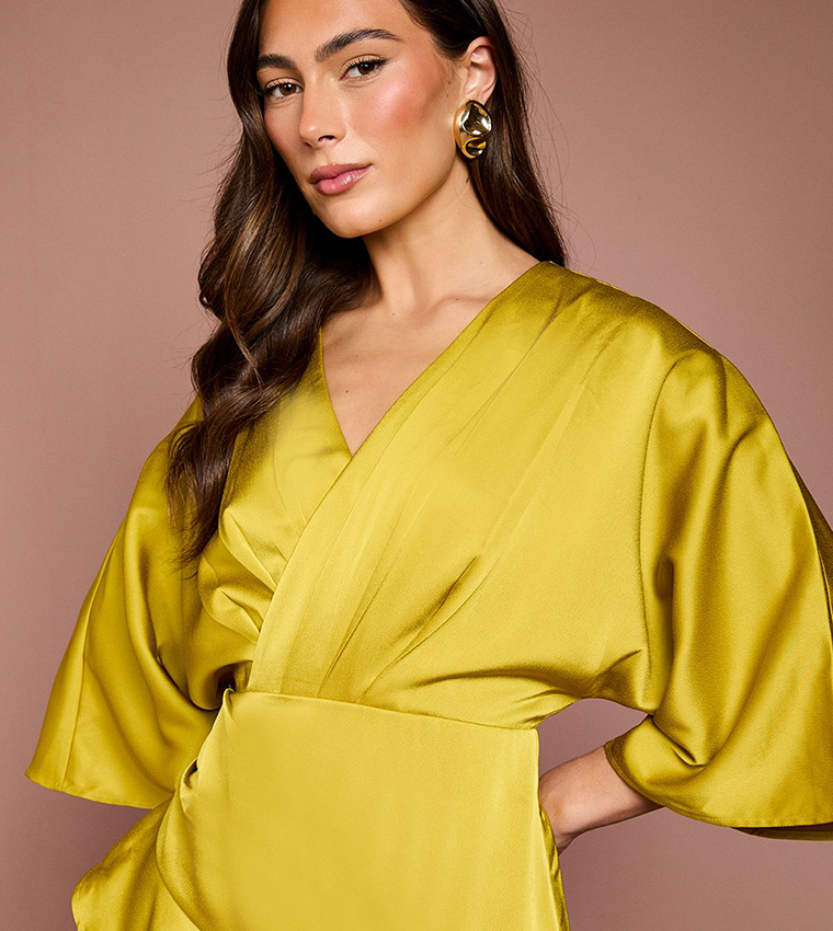 Satin Back Crepe Ruffle Wrap Midi Dress