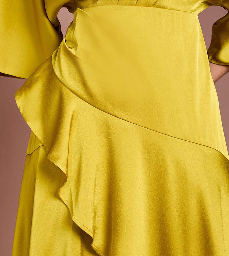 Satin Back Crepe Ruffle Wrap Midi Dress