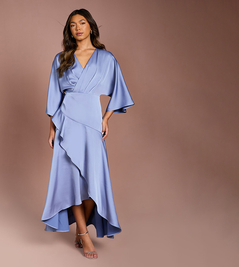 Satin Back Crepe Ruffle Wrap Midi Dress
