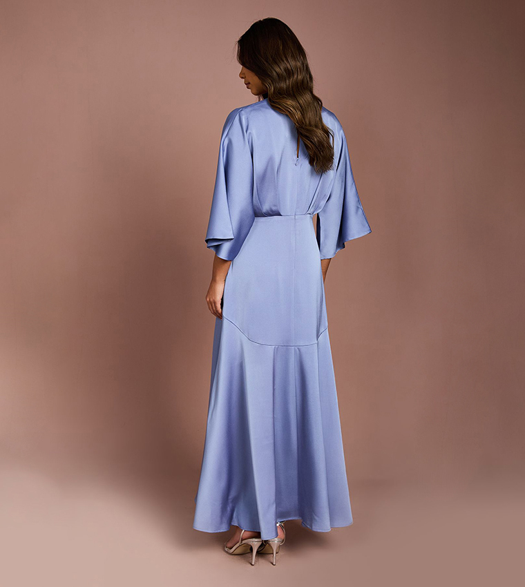 Satin Back Crepe Ruffle Wrap Midi Dress
