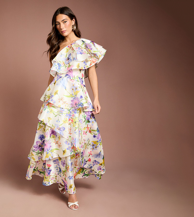 Glossy Printed Frill One Shoulder Maxi Dress