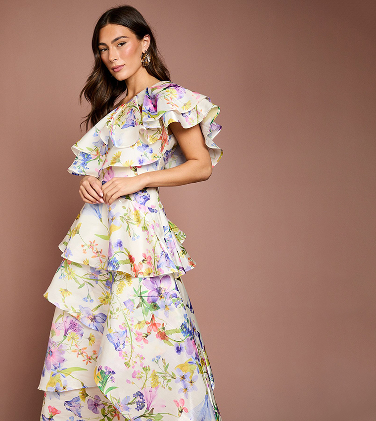 Glossy Printed Frill One Shoulder Maxi Dress