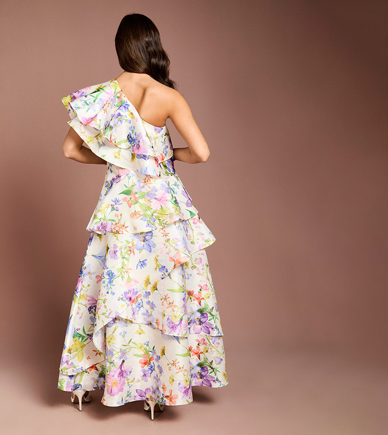 Glossy Printed Frill One Shoulder Maxi Dress