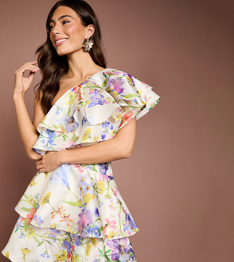 Glossy Printed Frill One Shoulder Maxi Dress