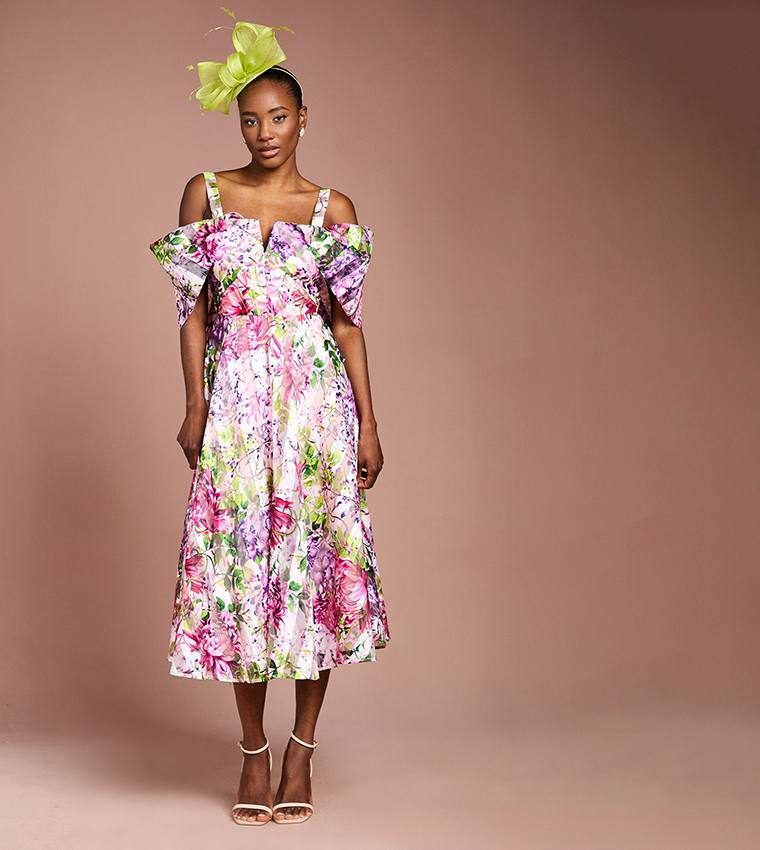 Lisa Tan Printed Organza Bardot Midi Dress