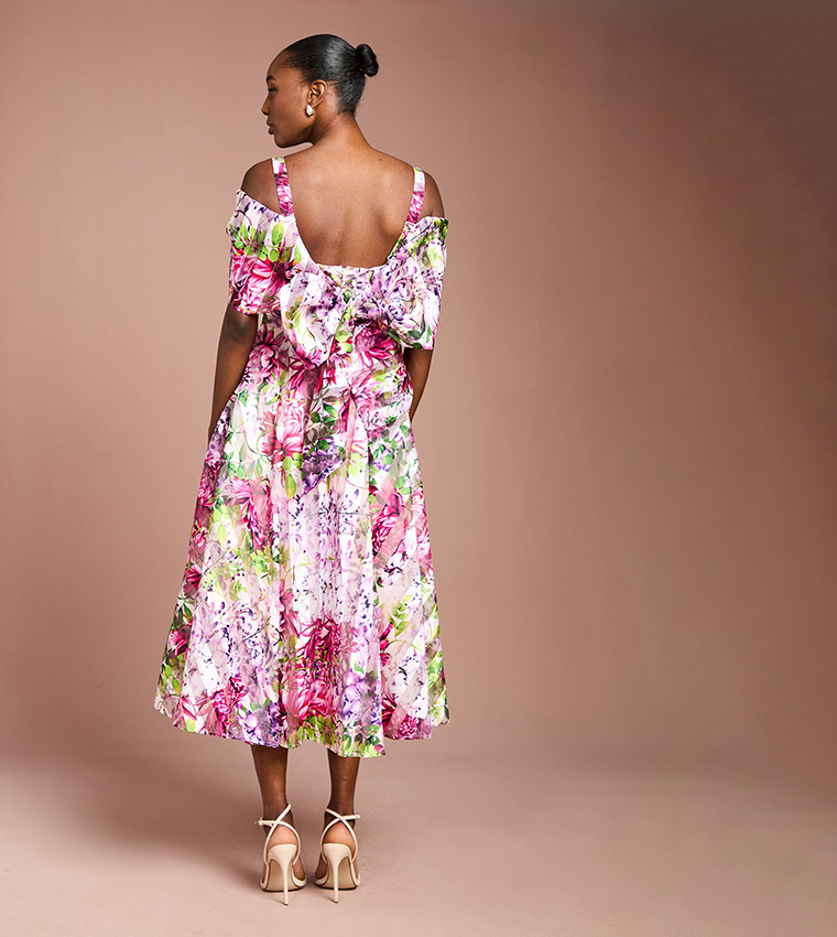 Lisa Tan Printed Organza Bardot Midi Dress