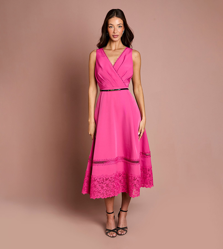 V-Neck Lace Trim Midi Dress