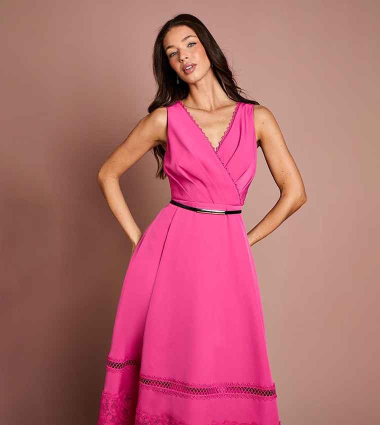 V-Neck Lace Trim Midi Dress