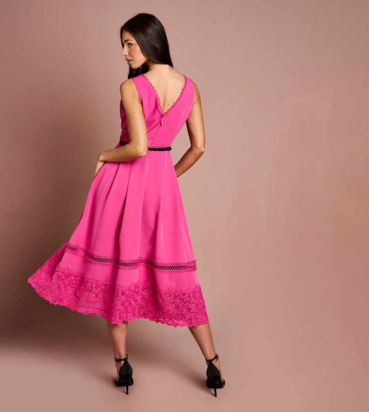 V-Neck Lace Trim Midi Dress