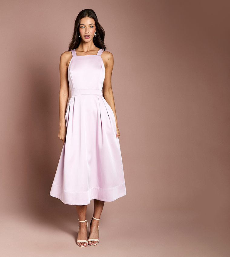 Satin Bow Shoulder Pleated Midi Dress